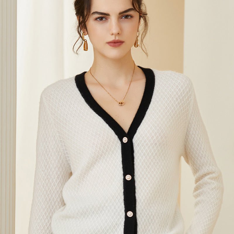 Women's V Neck White and Black Cashmere Cardigans Button-down Outwear - slipintosoft