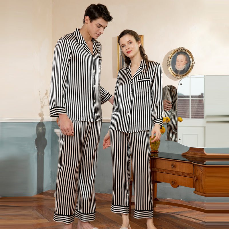 Long Stripe Silk Pyjamas Set För par Silk Matching Pyjamas