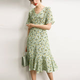 Elegant sidenklänning med blommönster för kvinnor Ren 100 % ren mullbärsklänning i silke
