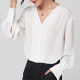 Elegant sidenblus för kvinnor långärmad V-hals sidenskjorta