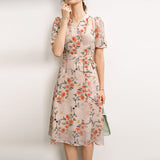 Glossy Silk Retro Floral Dress 100% Pure Silk Dress Kortärmad Klänning Midi Silk Dress