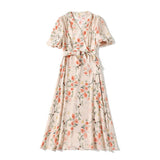 Glossy Silk Retro Floral Dress 100% Pure Silk Dress Kortärmad Klänning Midi Silk Dress