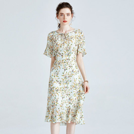 Elegant dam 100 % ren silke blommig klänning Mulberry silke kortärmade klänningar 2022 New In