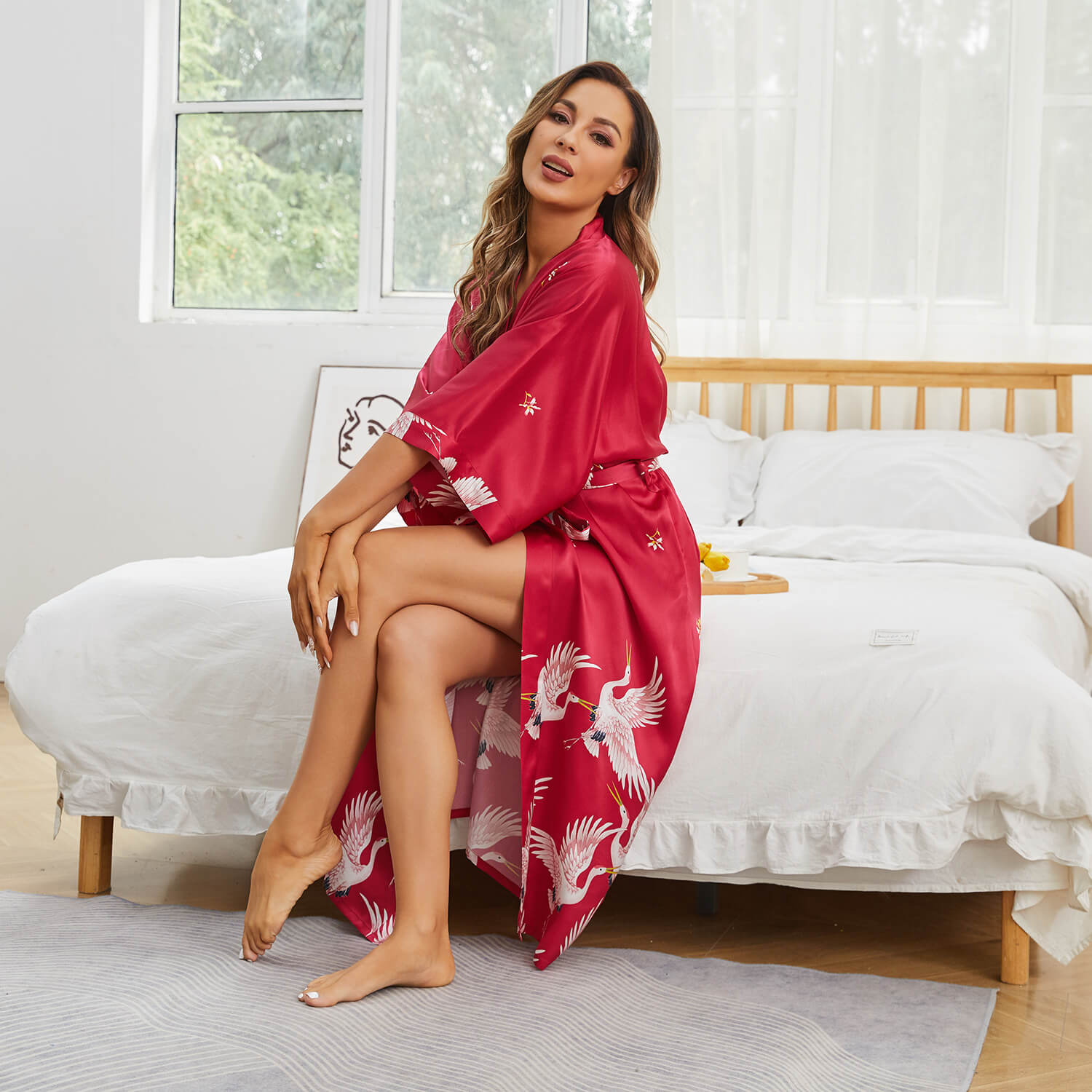 100% Silk Long Kimono Robe with Belt Women's Nighties Crane Prints - slipintosoft
