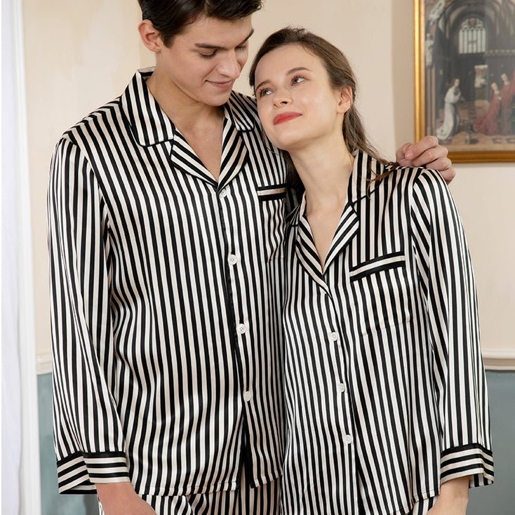 Long Stripe Silk Pyjamas Set För par Silk Matching Pyjamas