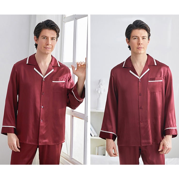 Klassisk sidenpyjamasset för män Lyxiga 19mm silke långärmade nattkläder