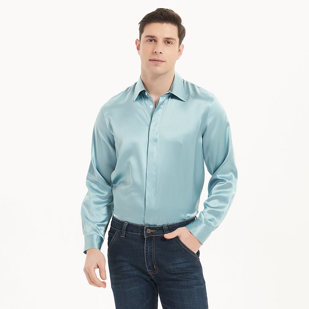 100% Mulberry Silk Top för män Långärmad sidenskjorta med dold knapp