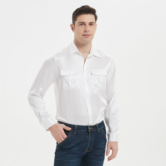 Sidenskjorta för män 100% siden långärmad topp med två patchfickor