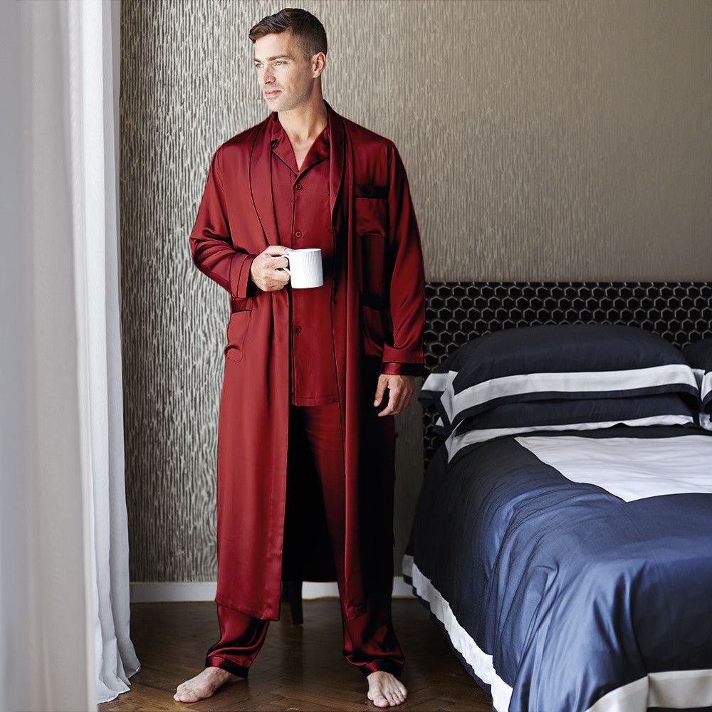 Herr lång sidenpyjamas & dräkt Set för män Hellängd sidenrock Pyjamas Set
