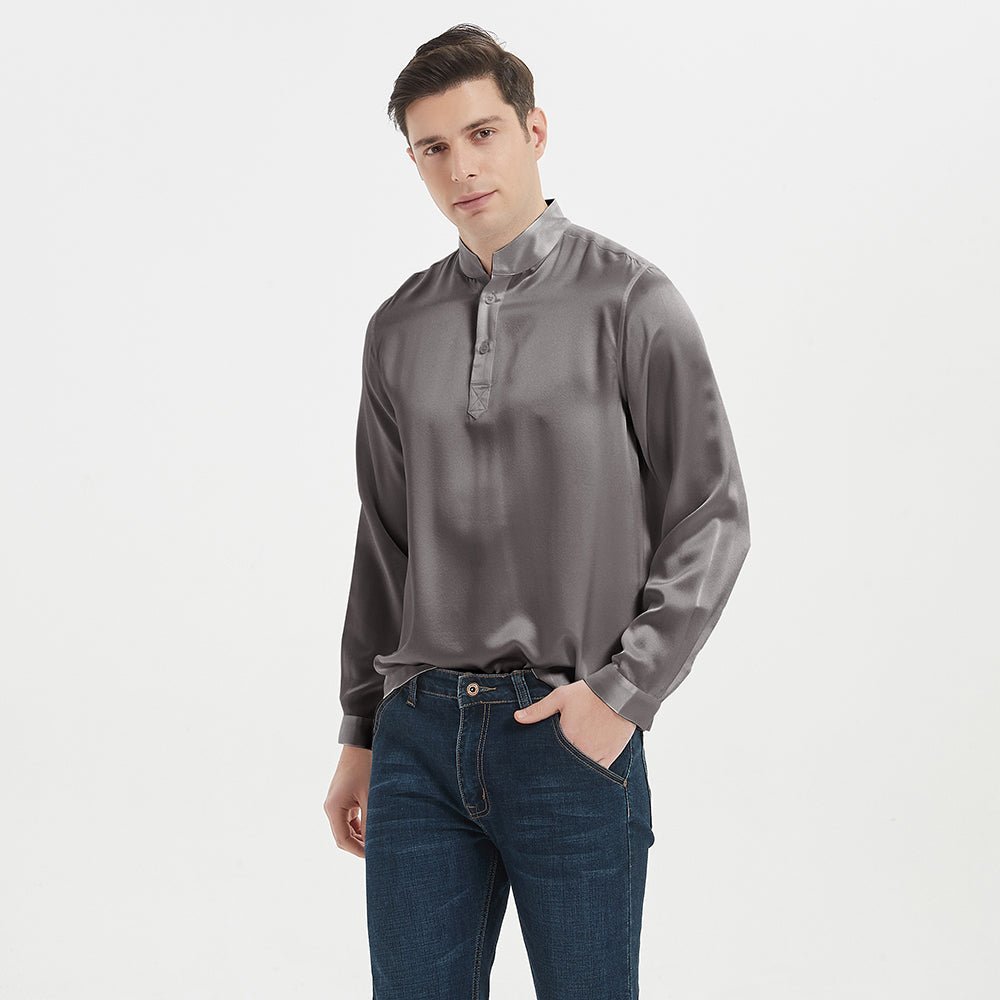 Classic Silk Pullover Shirt For Men 100% Mulberry Silk Long Sleeves Stand Collar Top - slipintosoft