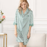 Half sleeves women stripe silk Nightgown women silk nightwear with lace Silk Nightshirt - slipintosoft