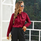 Pure Silk Shirts for Womens Bow Tie Neck Silk Blouse Elegant Long Sleeve Lady Silk Tops - slipintosoft
