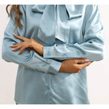 Pure Silk Shirts for Womens Bow Tie Neck Silk Blouse Elegant Long Sleeve Lady Silk Tops - slipintosoft