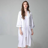 Långt Silk Nattlinne och Robe Set För Kvinnor Hellängd Långärmad Silk Nightwear Set