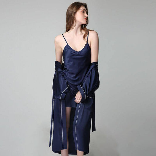 Långt Silk Nattlinne och Robe Set För Kvinnor Hellängd Långärmad Silk Nightwear Set