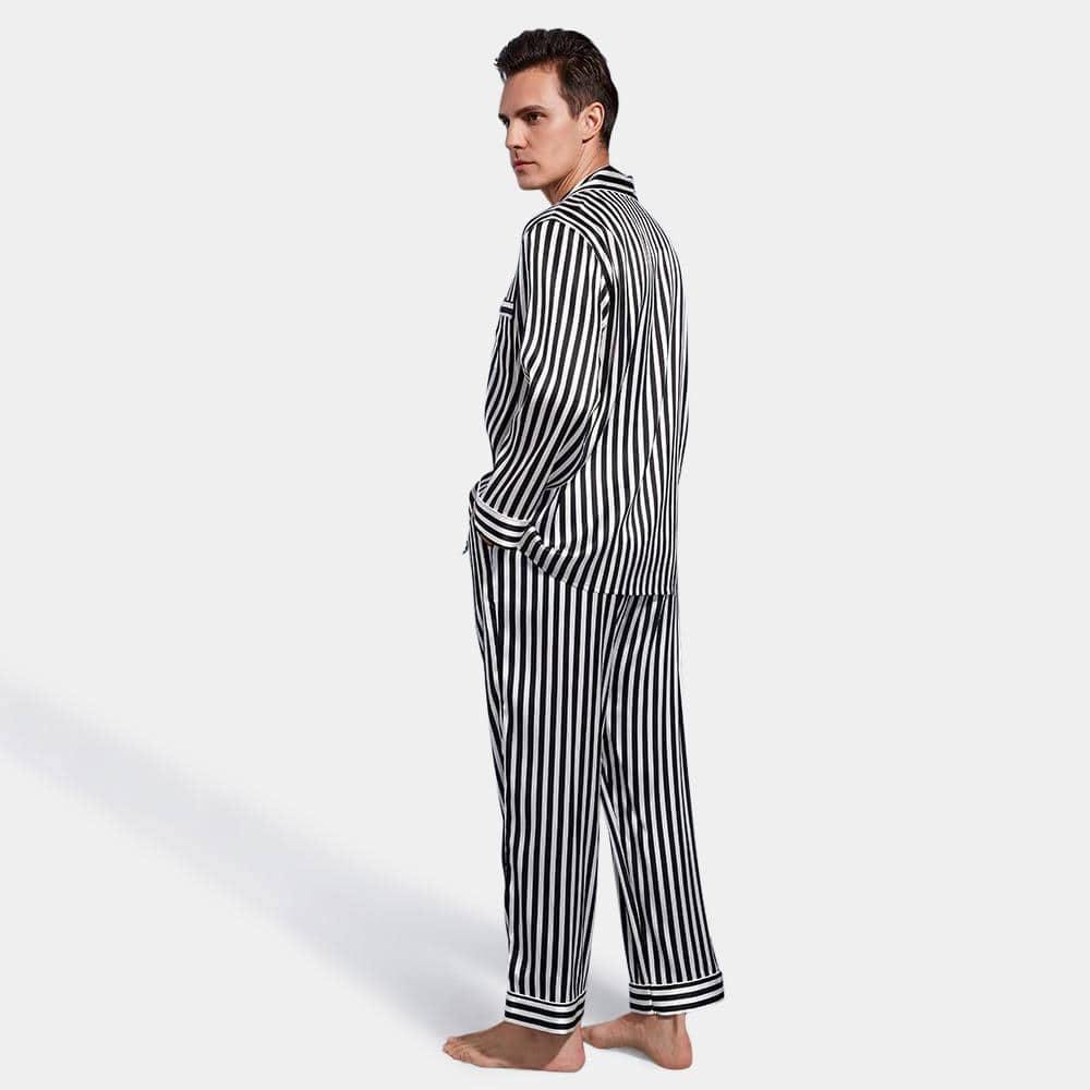 Randig lång sidenpyjamas för män, svart och vit randig sidenpyjamas