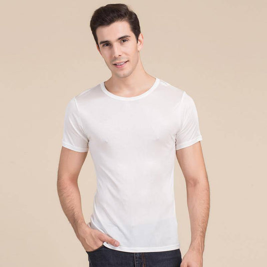 Klassisk T-shirt i siden med rund hals för män, kortärmad undertröja, stickade skjortor i siden för män