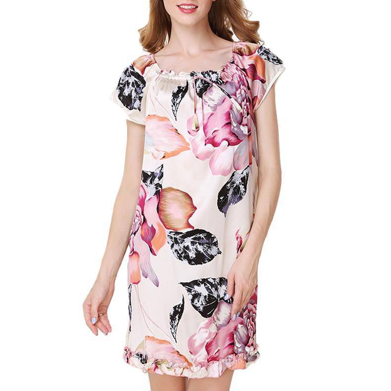 Round neck Women Floral Printed Loose Silk Nightgown Luxury sleepwear (multi-colors) -  slipintosoft