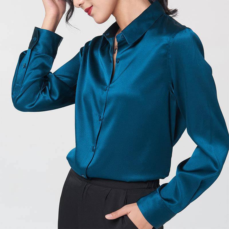 Silk Blus för kvinnor 100 % rent siden Långärmad Cool Smooth Tops
