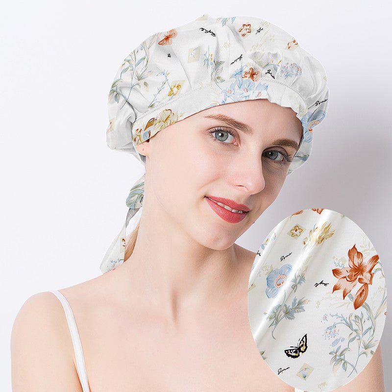Blommigt tryckt silke sömnmössa 19 Momme silke hårinpackning hatt Silke hårmössa för att sova plisserad stil