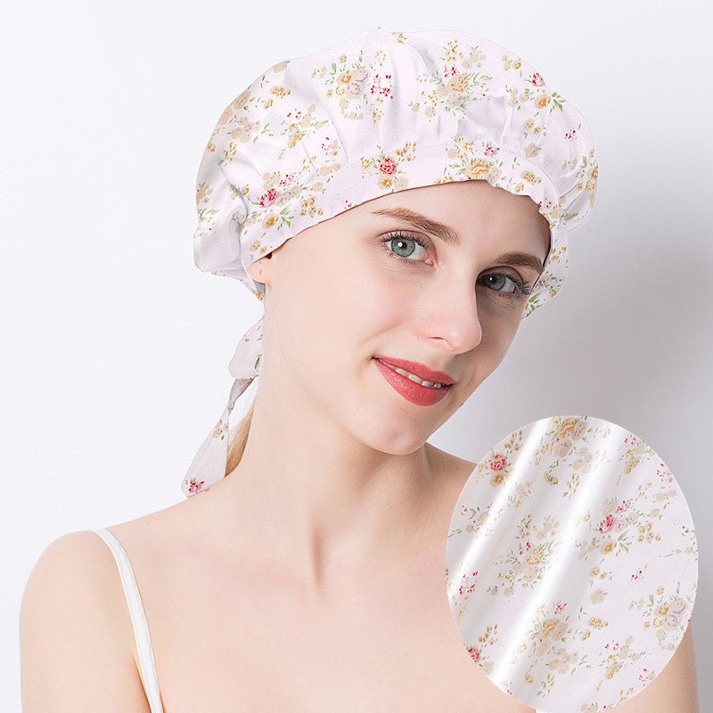 Blommigt tryckt silke sömnmössa 19 Momme silke hårinpackning hatt Silke hårmössa för att sova plisserad stil