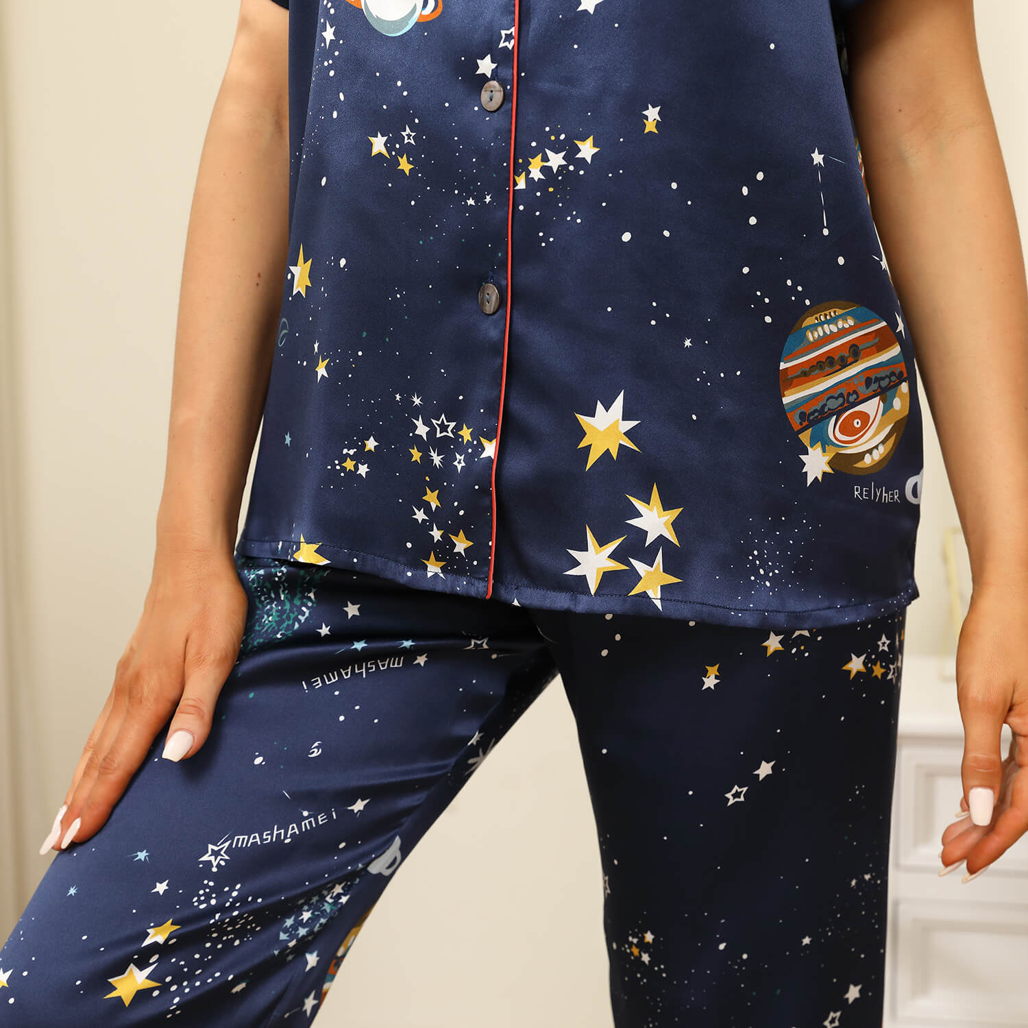 Two piece Silk Pajamas Set for Women Silk Short Sleeves Long pants Silk PJS - slipintosoft