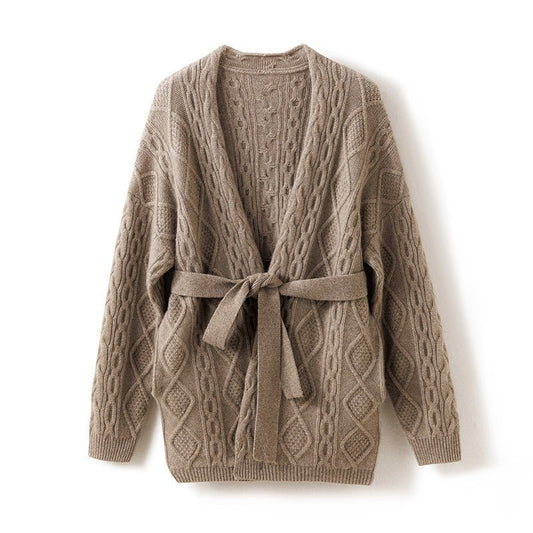 Women's 100% Cashmere Cardigan with Sash Cable-Knit Coat - slipintosoft