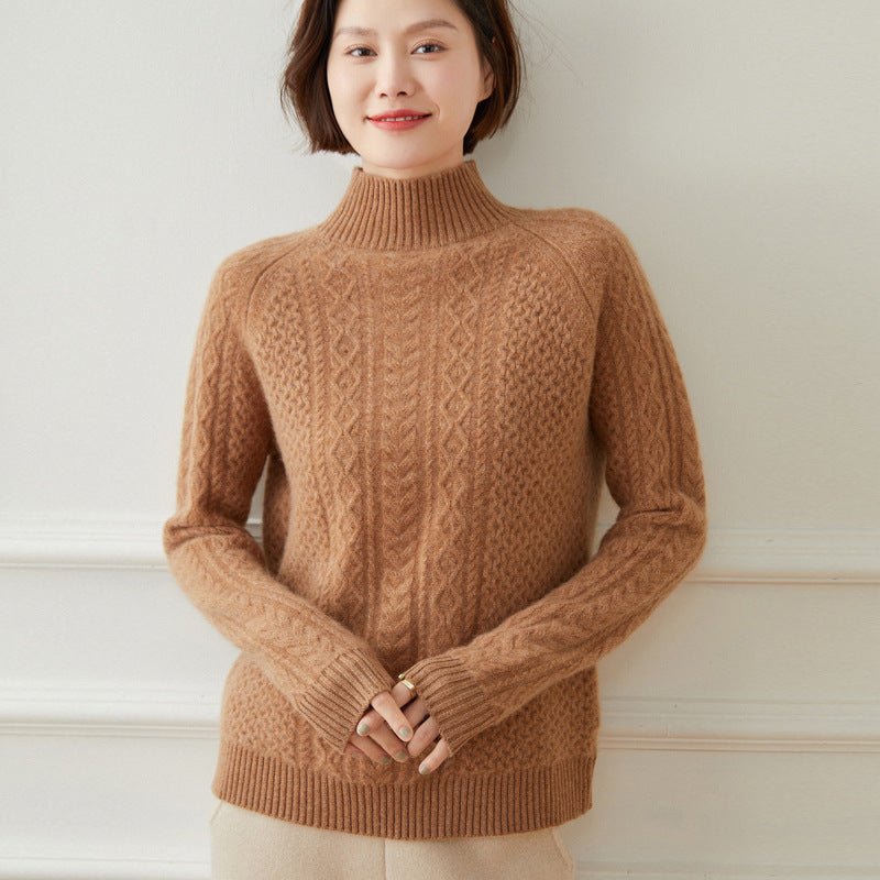 Women's 100% Cashmere Sweater Turtleneck Cable-Knit Tops - slipintosoft
