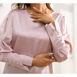 Womens 100% Silk Blouse Ladies Long Sleeve Work Crew Neck Silk Shirts Top - slipintosoft