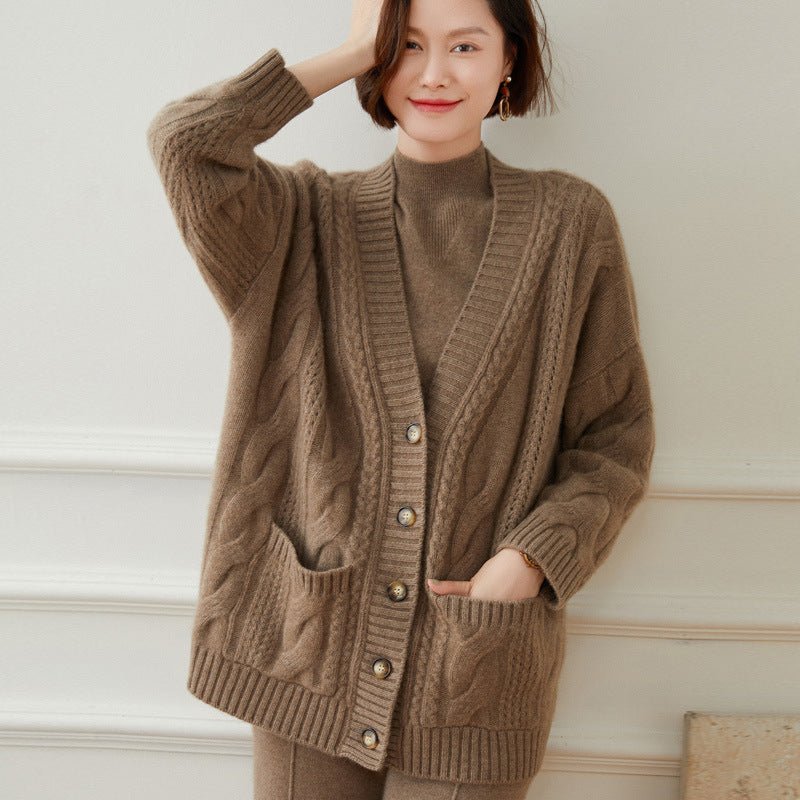 Women's Cashmere Cardigans with Pockets Shell Buttons Cashmere Coat Sweater - slipintosoft