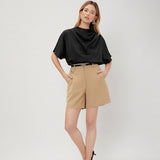 Womens Elegant 100% Mulberry Silk Blouse Short Sleeves Draped Neck Top - slipintosoft