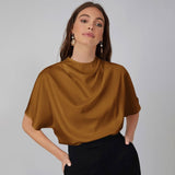 Womens Elegant 100% Mulberry Silk Blouse Short Sleeves Draped Neck Top - slipintosoft