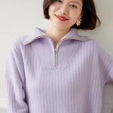 Women's Relaxed-Fit Ribbed Half Zip-up Cashmere Sweater - slipintosoft
