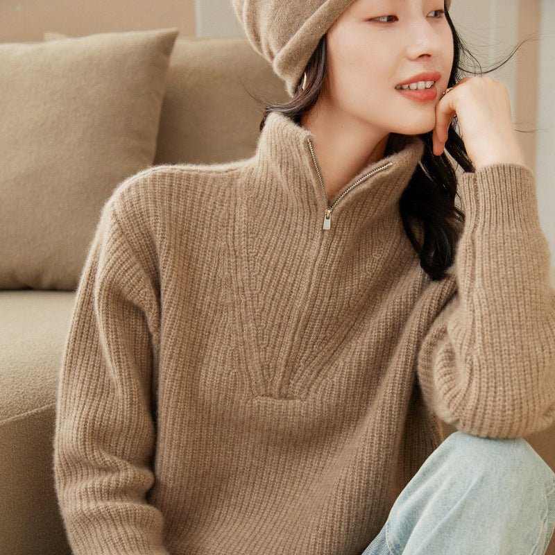 Women's Rib-Knit Cashmere Sweater Half Zip-up Cashmere Pullover Tops - slipintosoft