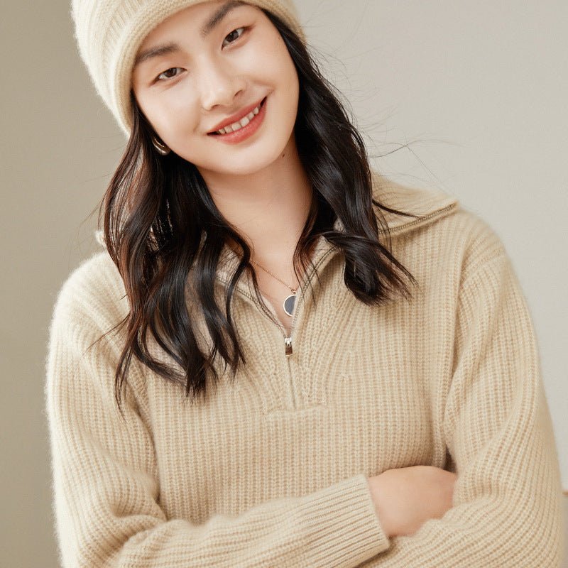 Women's Rib-Knit Cashmere Sweater Half Zip-up Cashmere Pullover Tops - slipintosoft